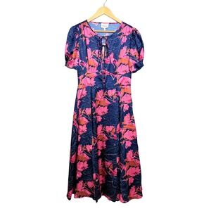 Bohme Women Navy Pink Floral Midi Dress Short Puff Sleeve Keyhole Tie Small NWT